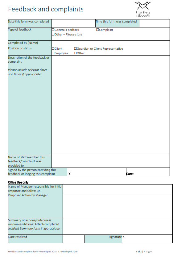 Feedback and Complaints Form